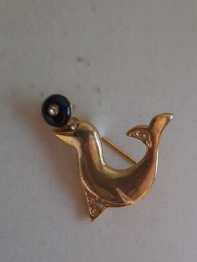 Goldtone Seal Brooch Pin with Black Accent